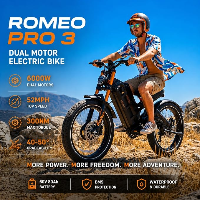 eAhora Romeo Pro 3 Peak 6000W Electric Bike for Adults 52Mph