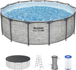 Bestway Steel Pro MAX 14' x 48" Above Ground Pool, Round Metal Frame Outdoor Swimming Pool Set with Filter Pump, Ladder, and Cover, Gray Stone Print