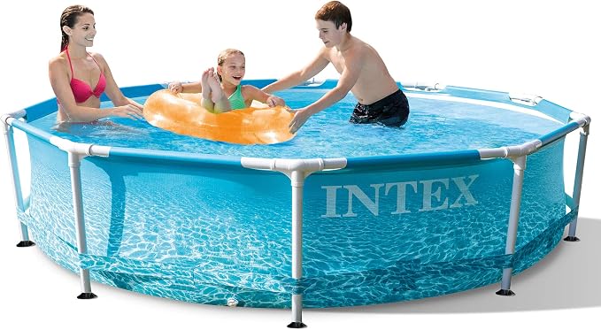 Intex 28207EH 10 Feet x 30 Inch Metal Frame Outdoor Backyard Above Ground Circular Beachside Swimming Pool with Filter Pump and Protective Canopy