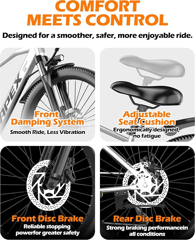 26" Electric Bike for Adults,1500W Peak Motor Electric Mountain Bike,UL 2849 Certified, 7-Speed Front Fork Suspension Ebike, LED Display,48V Internal Battery Commuter Ebike