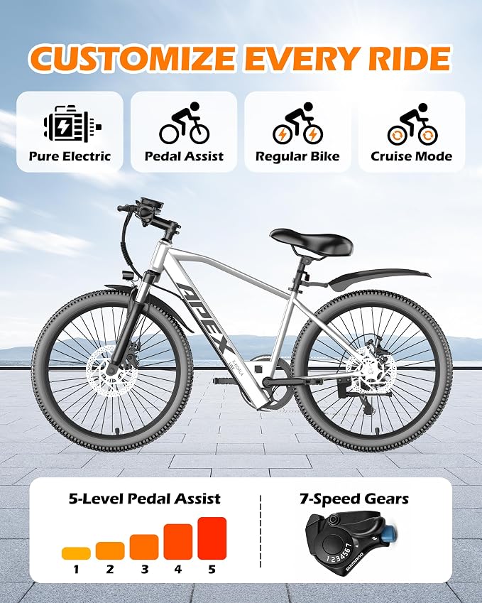 26" Electric Bike for Adults,1500W Peak Motor Electric Mountain Bike,UL 2849 Certified, 7-Speed Front Fork Suspension Ebike, LED Display,48V Internal Battery Commuter Ebike
